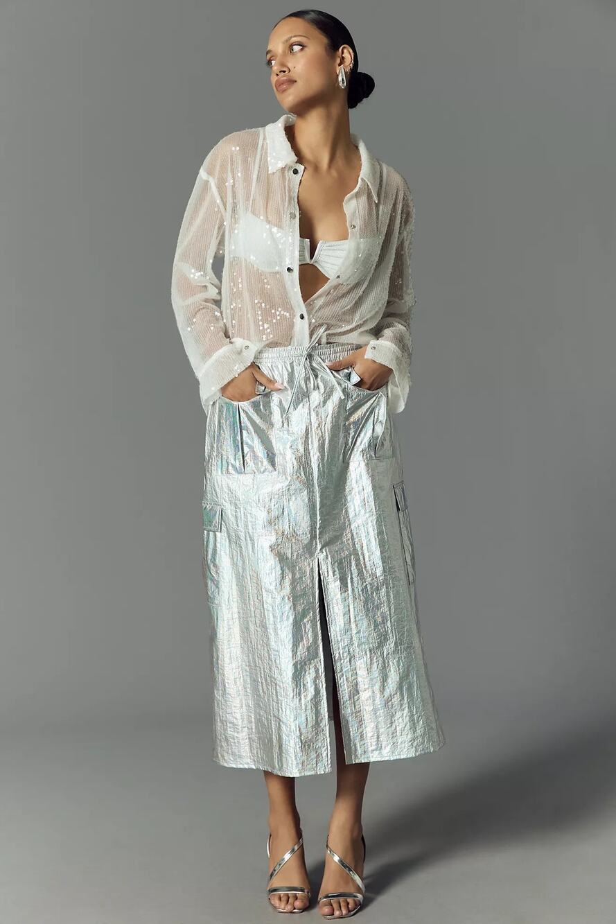Anthropologie Metallic Silver Cargo Skirt Size XL